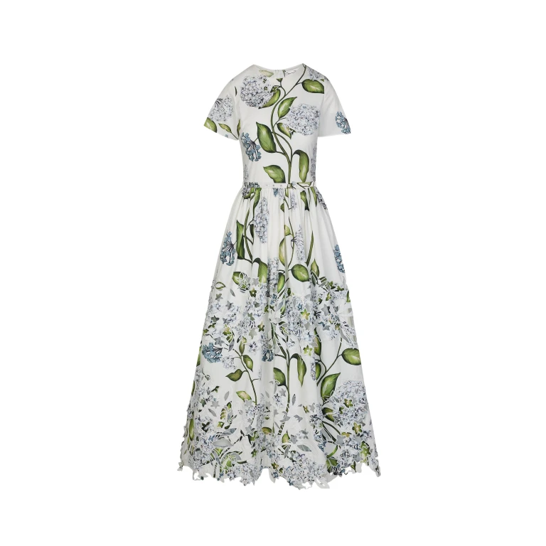 Oscar de la Renta Porcelain Flower Embroidered Cotton Poplin Dress - Dresses - American Luxury Evening Wear at Luxury Shoes 