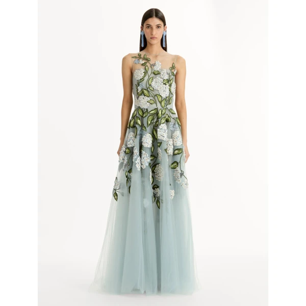 Oscar de la Renta Porcelain Flower Embroidered Gown - Dresses - American Luxury Evening Wear at Luxury Shoes 