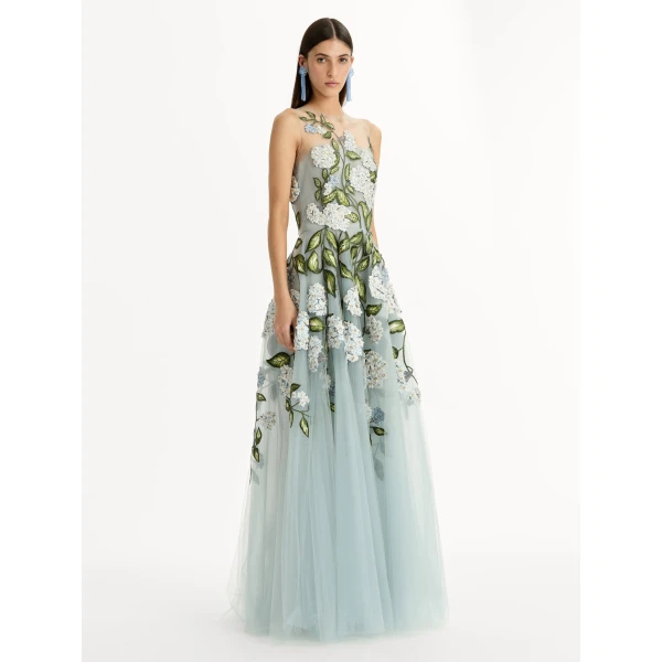 Oscar de la Renta Porcelain Flower Embroidered Gown - Dresses - American Luxury Evening Wear at Luxury Shoes 