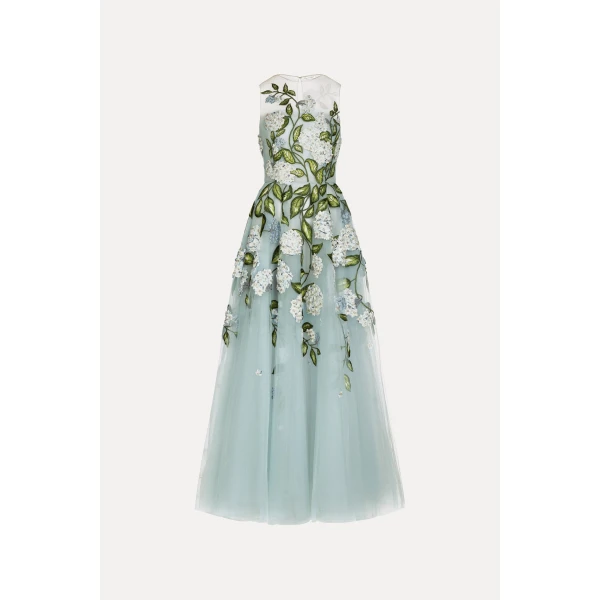 Oscar de la Renta Porcelain Flower Embroidered Gown - Dresses - American Luxury Evening Wear at Luxury Shoes 