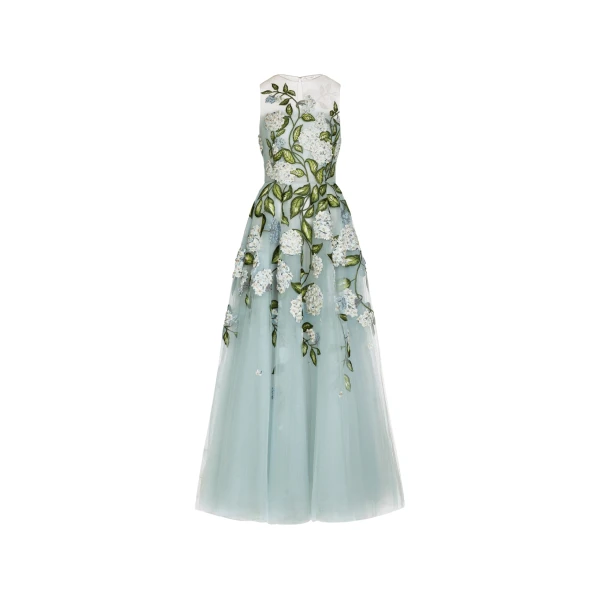 Oscar de la Renta Porcelain Flower Embroidered Gown - Dresses - American Luxury Evening Wear at Luxury Shoes 