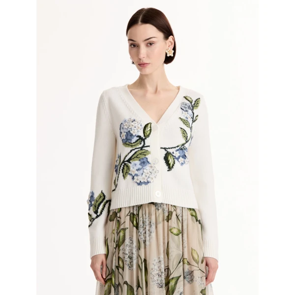 Oscar de la Renta Porcelain Flower Jacquard Cardigan - Knitwear - American Luxury Evening Wear at Luxury Shoes 