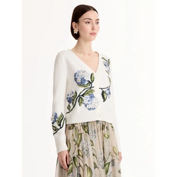 Oscar de la Renta Porcelain Flower Jacquard Cardigan - Knitwear - American Luxury Evening Wear at Luxury Shoes 