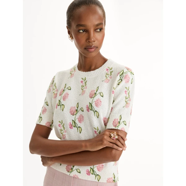 Oscar de la Renta Porcelain Flower Printed Embroidered Pullover - Knitwear - American Luxury Evening Wear at Luxury Shoes 