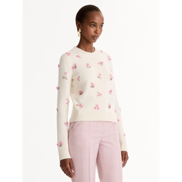 Oscar de la Renta Porcelain Flower Sequin Embroidered Pullover - Knitwear - American Luxury Evening Wear at Luxury Shoes 