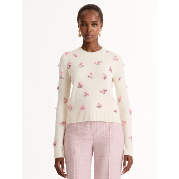 Oscar de la Renta Porcelain Flower Sequin Embroidered Pullover - Knitwear - American Luxury Evening Wear at Luxury Shoes 