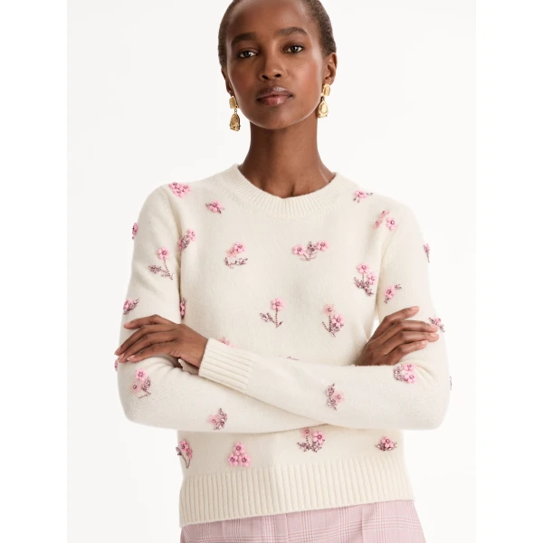 Oscar de la Renta Porcelain Flower Sequin Embroidered Pullover - Knitwear - American Luxury Evening Wear at Luxury Shoes 