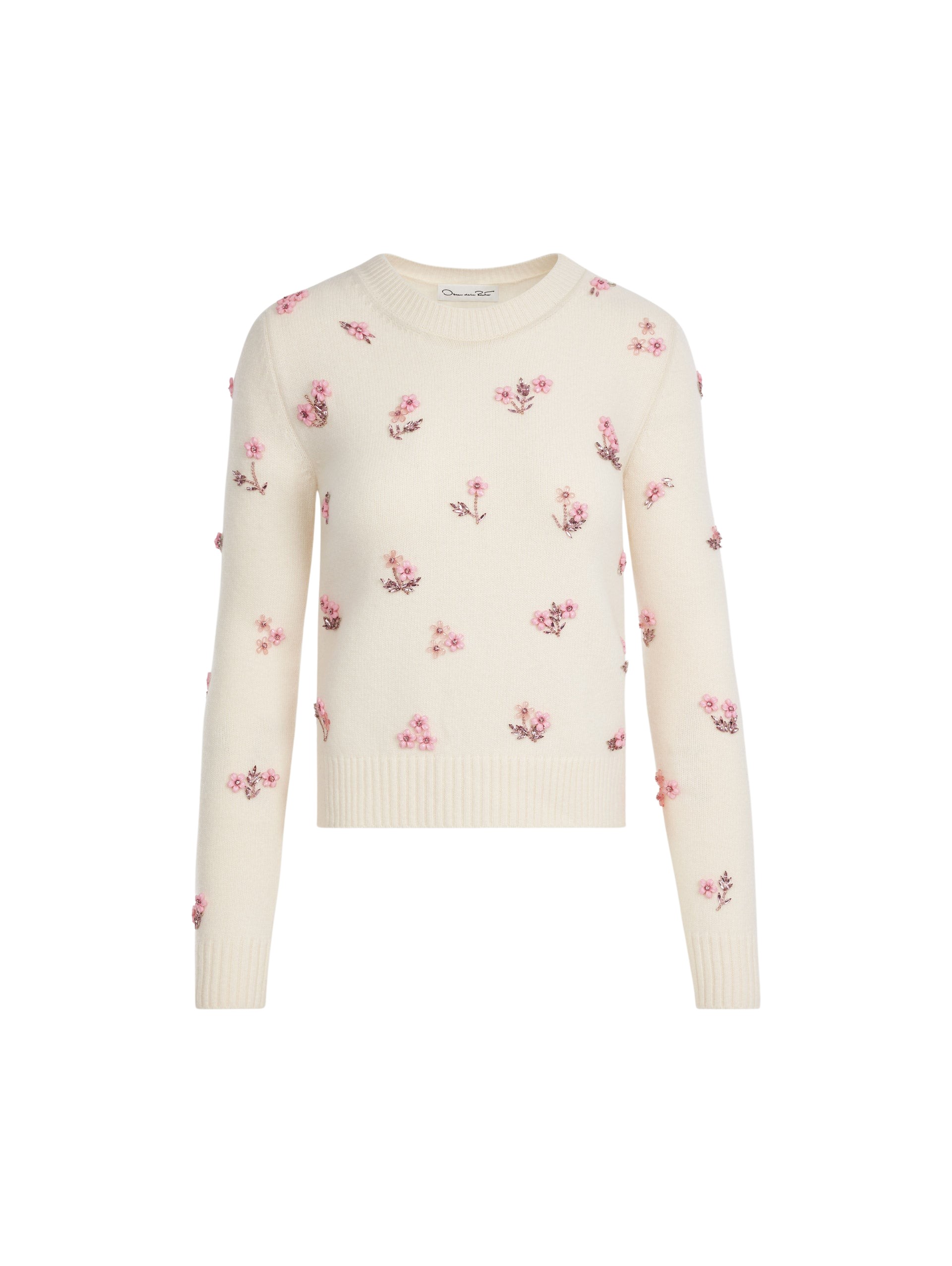 Oscar de la Renta Porcelain Flower Sequin Embroidered Pullover Knit