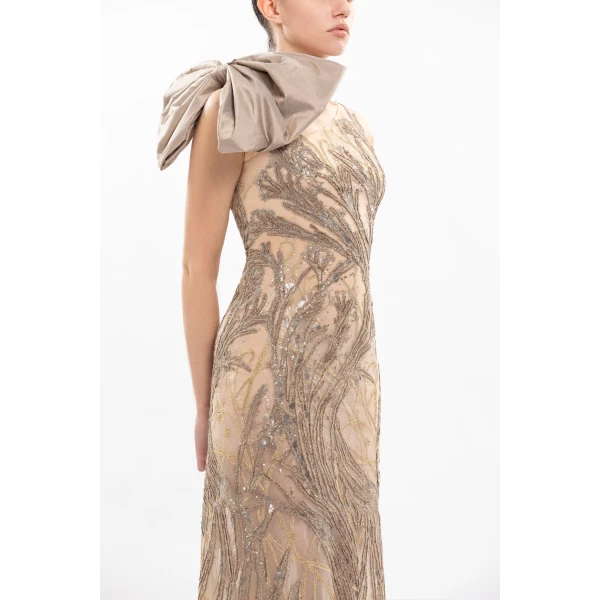 Asymmetrical Embroidered Dress With Bow - Image 6