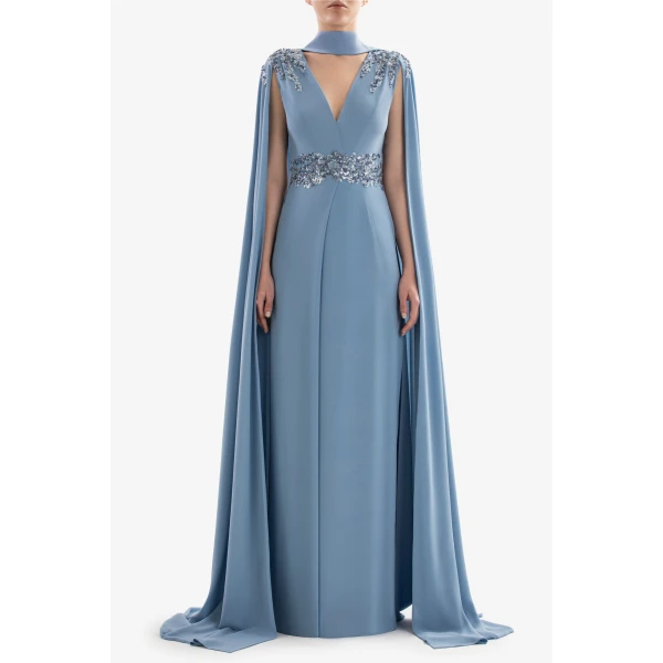Crepe Dress With Cape - Image 5