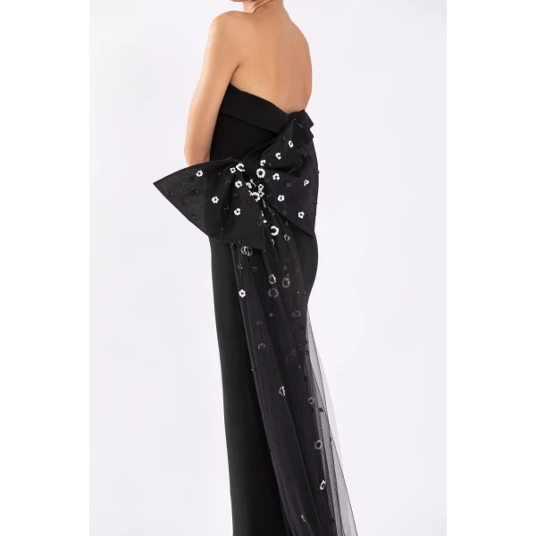 Crepe Off-Shoulder Dress With A Tulle Bow And Tail On The Back - Image 6