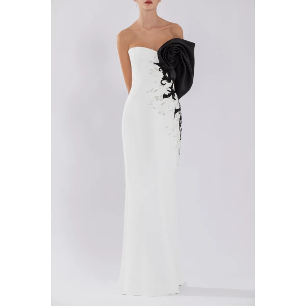 Crepe Straight Fit Dress With Mikado One Sided Off-Shoulder Sleeve - Image 5