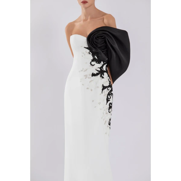 Crepe Straight Fit Dress With Mikado One Sided Off-Shoulder Sleeve - Image 6