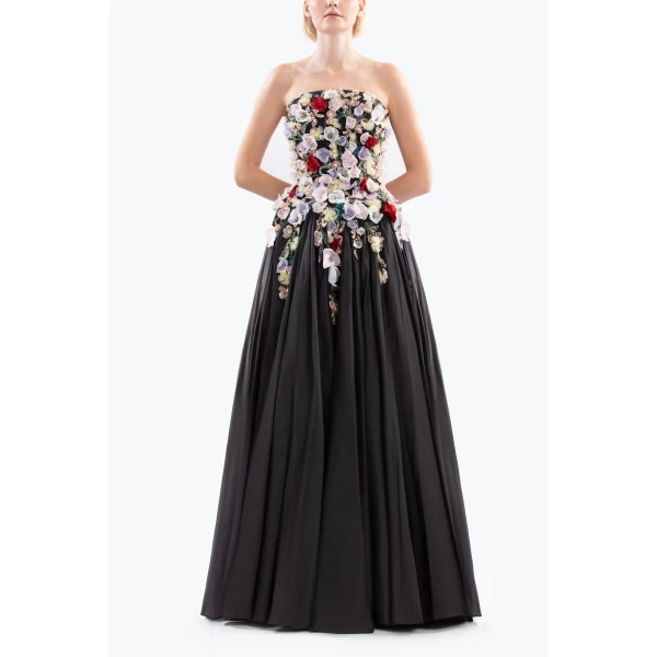 Embellished 3D Flowers Taffeta Gown - Image 5