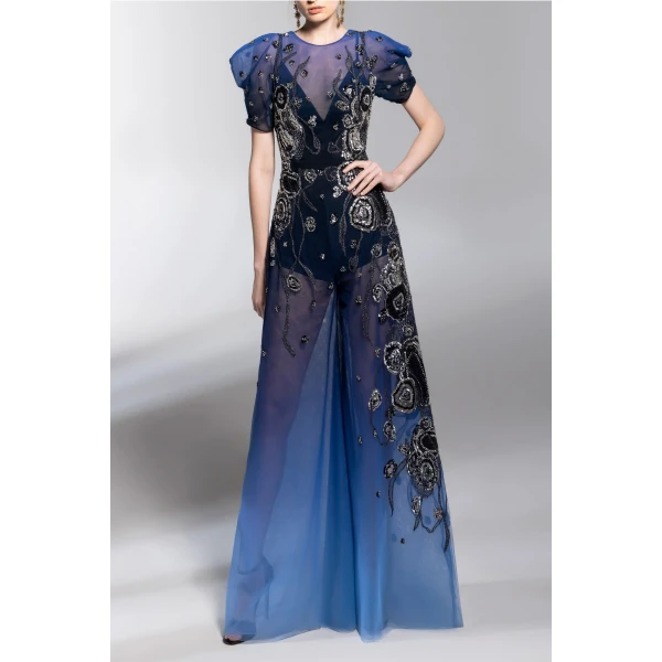 Gradient Printed Tulle Jumpsuit With Beading - Image 5