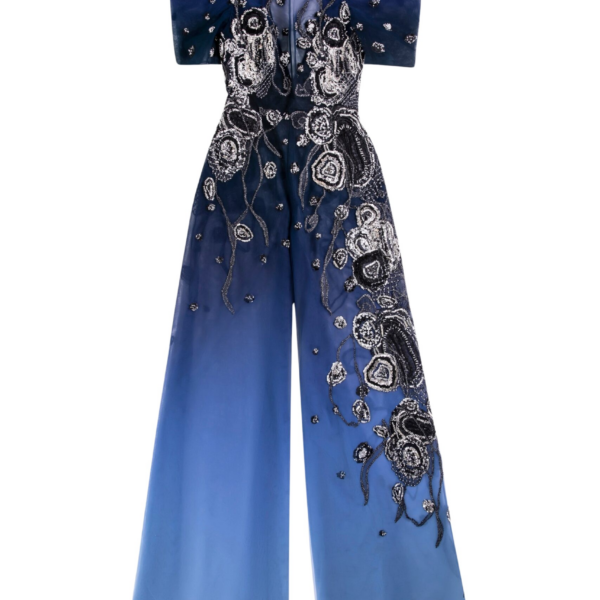 Gradient Printed Tulle Jumpsuit With Beading