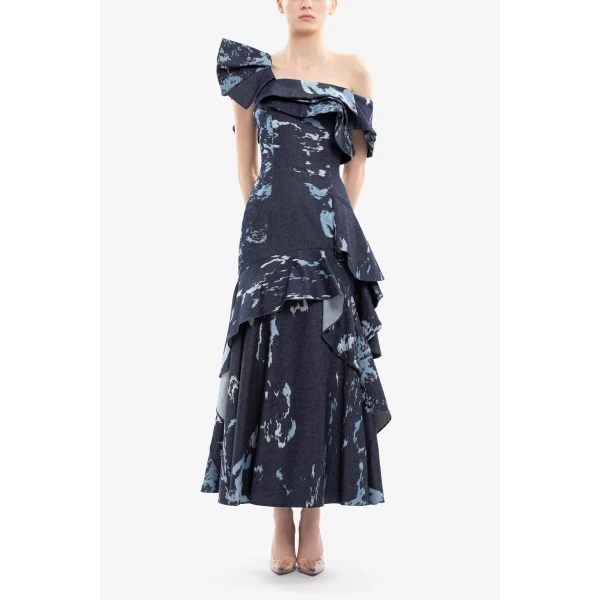 Layered Printed Denim Midi Dress - Image 5