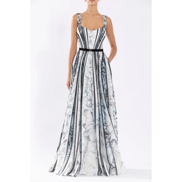 Linen Printed Dress With Striped Floral Print - Image 5
