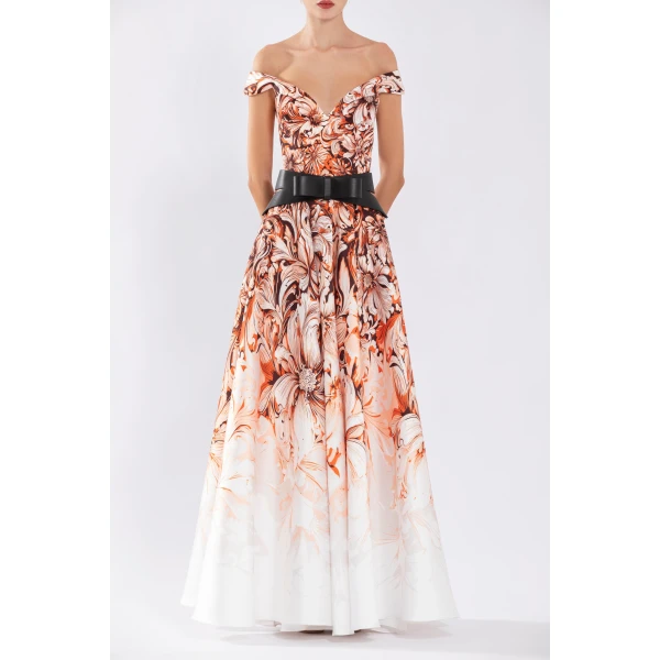Mikado Printed Dress With Off-Shoulder Sleeves - Image 5