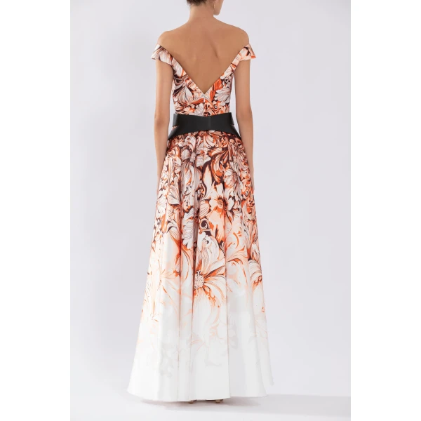 Mikado Printed Dress With Off-Shoulder Sleeves - Image 6
