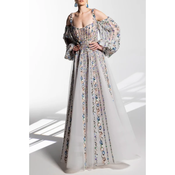 Off-Shoulder Beaded Dress With Shoulder Straps - Image 5