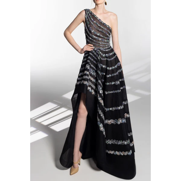 One Shoulder Asymmetric Beaded Dress - Image 5