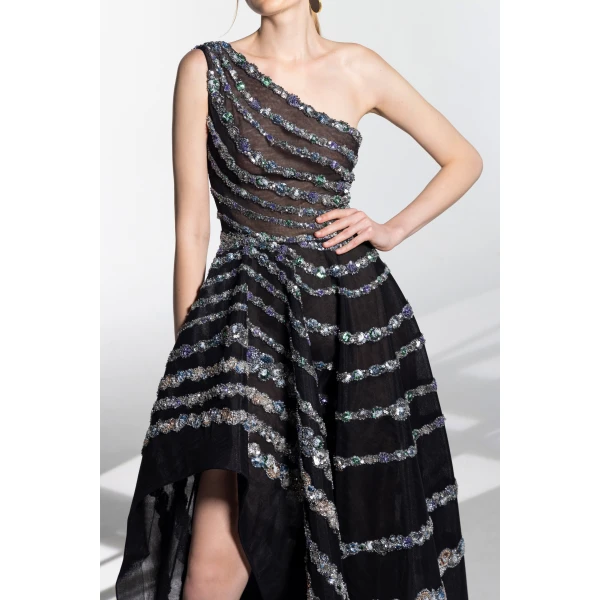 One Shoulder Asymmetric Beaded Dress - Image 6