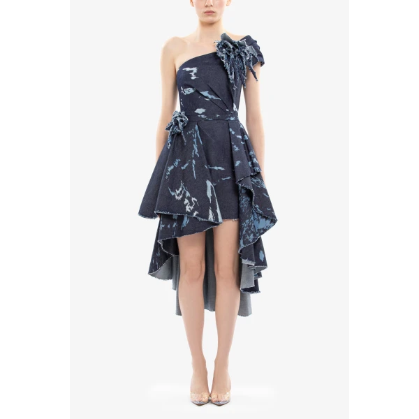 One-Shoulder Printed Denim Short Dress - Image 5