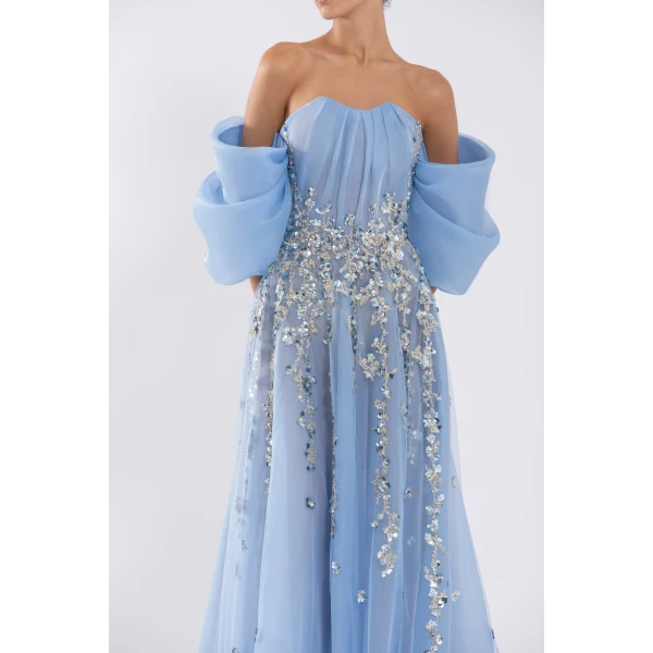 Organza Dress With Dotted Beading And Pleated Off-Shoulder Sleeves - Image 6