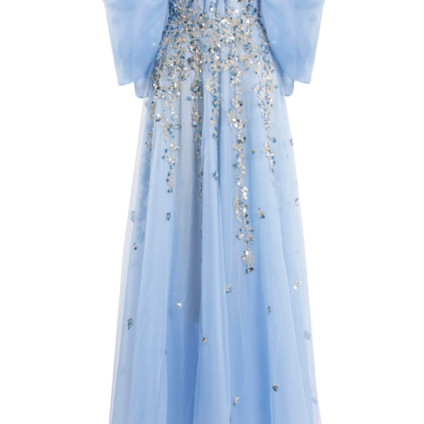 Saiid Kobeisy Organza Dress With Dotted Beading And Pleated Off-Shoulder Sleeves
