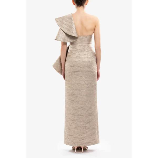 Ruffled Light Gold Brocade Dress - Image 6