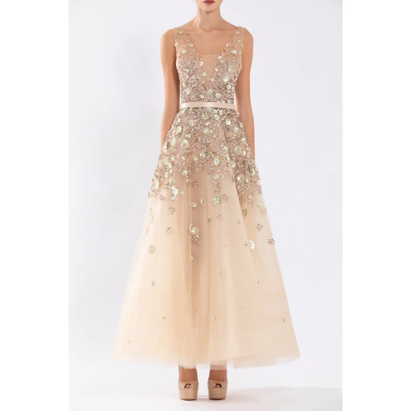 Tulle Ankle Length Dress With Dotted Beading - Image 5