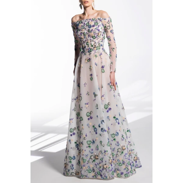 Tulle Beaded Dress With Off-Shoulder Sleeves - Image 5