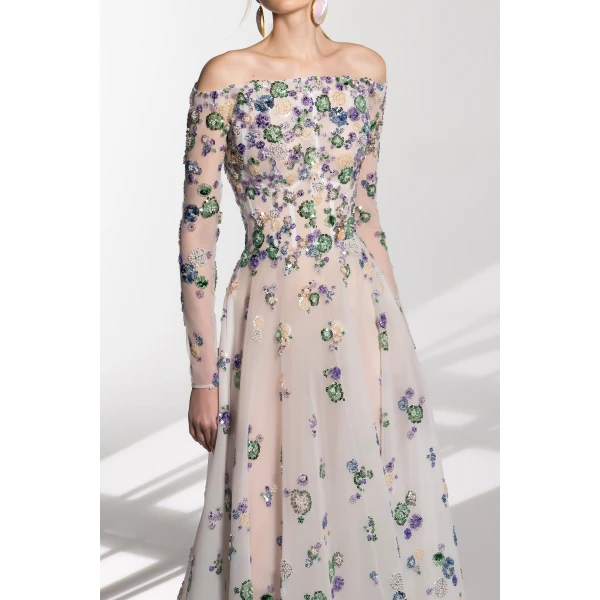 Tulle Beaded Dress With Off-Shoulder Sleeves - Image 6