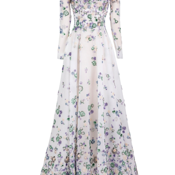 Saiid Kobeisy Tulle Beaded Dress With Off-Shoulder Sleeves
