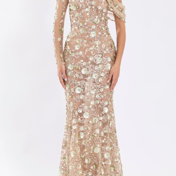 Saiid Kobeisy Tulle One-Shoulder Sleeve Dress With Dotted Beading, view 2