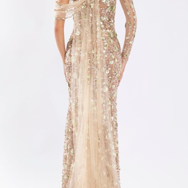 Saiid Kobeisy Tulle One-Shoulder Sleeve Dress With Dotted Beading, view 3