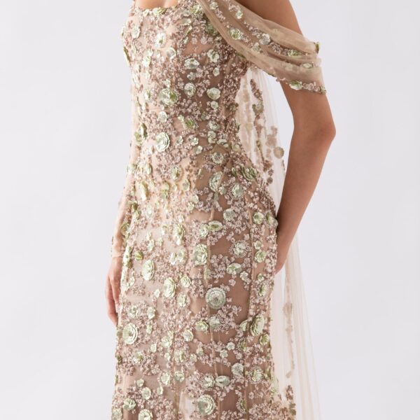 Saiid Kobeisy Tulle One-Shoulder Sleeve Dress With Dotted Beading, view 4