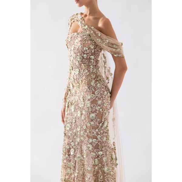 Tulle One-Shoulder Sleeve Dress With Dotted Beading - Image 6