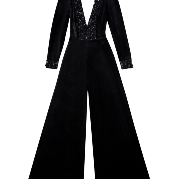 Velvet Flared Jumpsuit With A Beaded Top