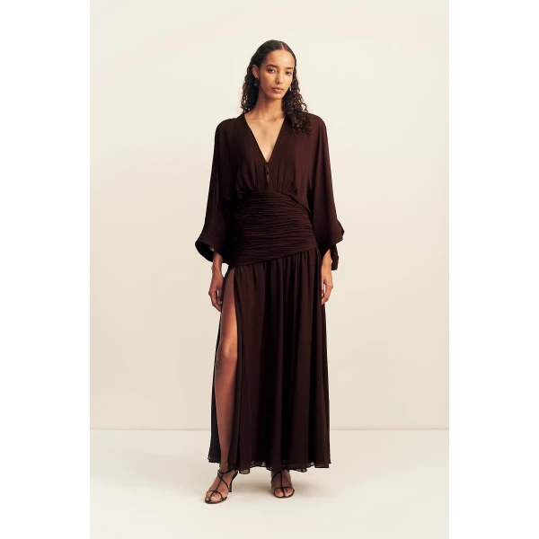 Shona Joy Amina Flared Sleeve Plunged Maxi Dress - Ristretto - Dresses - Australian Luxury Eventwear at Luxury Shoes 