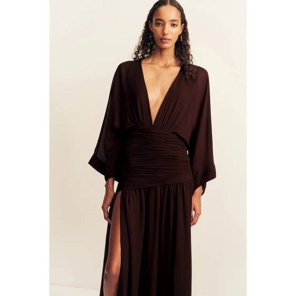 Shona Joy Amina Flared Sleeve Plunged Maxi Dress - Ristretto - Dresses - Australian Luxury Eventwear at Luxury Shoes 