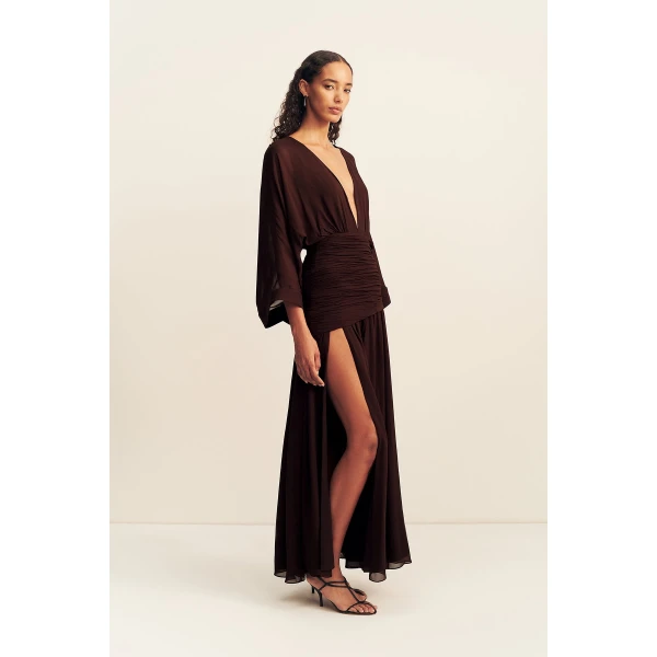 Shona Joy Amina Flared Sleeve Plunged Maxi Dress - Ristretto - Dresses - Australian Luxury Eventwear at Luxury Shoes 