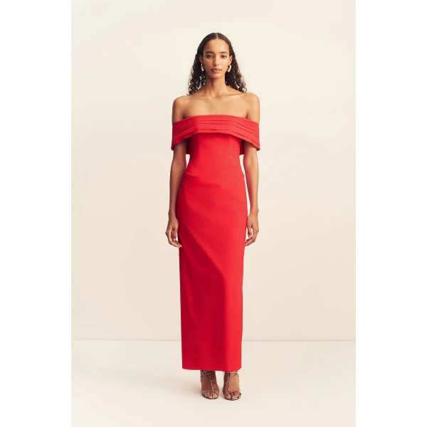 Shona Joy Campbell Off Shoulder Fitted Maxi Dress - Goji - Dresses - Australian Luxury Eventwear at Luxury Shoes 