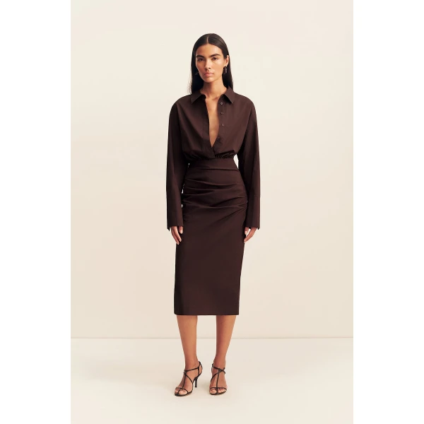 Shona Joy Campbell Shirt Fitted Midi Dress - Ristretto - Dresses - Australian Luxury Eventwear at Luxury Shoes 