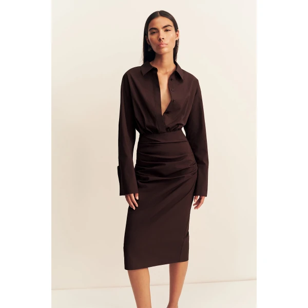 Shona Joy Campbell Shirt Fitted Midi Dress - Ristretto - Dresses - Australian Luxury Eventwear at Luxury Shoes 