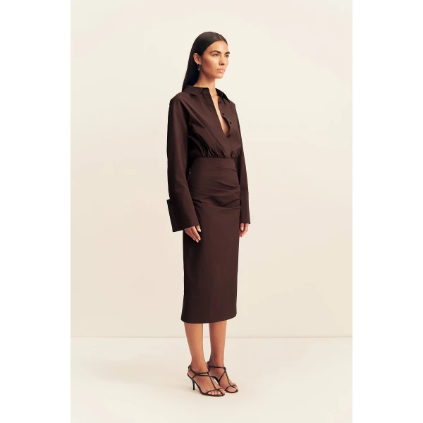 Shona Joy Campbell Shirt Fitted Midi Dress - Ristretto - Dresses - Australian Luxury Eventwear at Luxury Shoes 