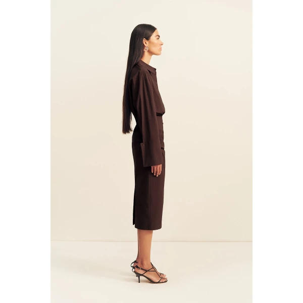 Shona Joy Campbell Shirt Fitted Midi Dress - Ristretto - Dresses - Australian Luxury Eventwear at Luxury Shoes 