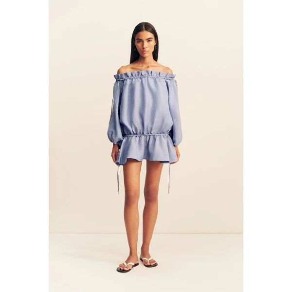 Shona Joy Marlowe Linen Blend Off Shoulder Mini Dress - Chambray - Dresses - Australian Luxury Eventwear at Luxury Shoes 
