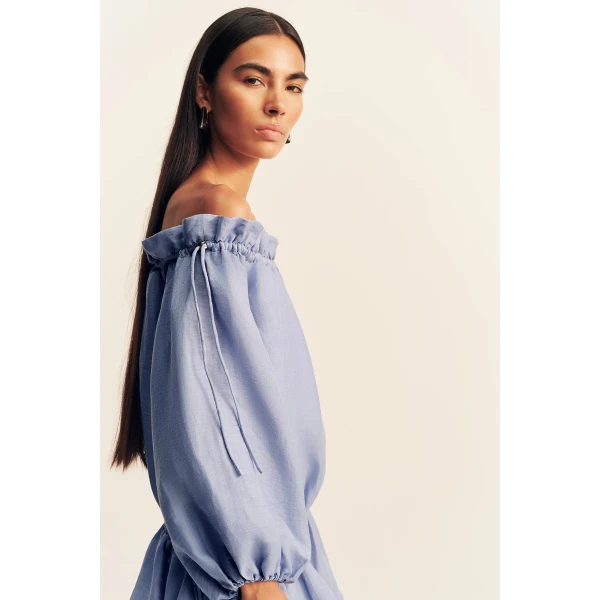 Shona Joy Marlowe Linen Blend Off Shoulder Mini Dress - Chambray - Dresses - Australian Luxury Eventwear at Luxury Shoes 